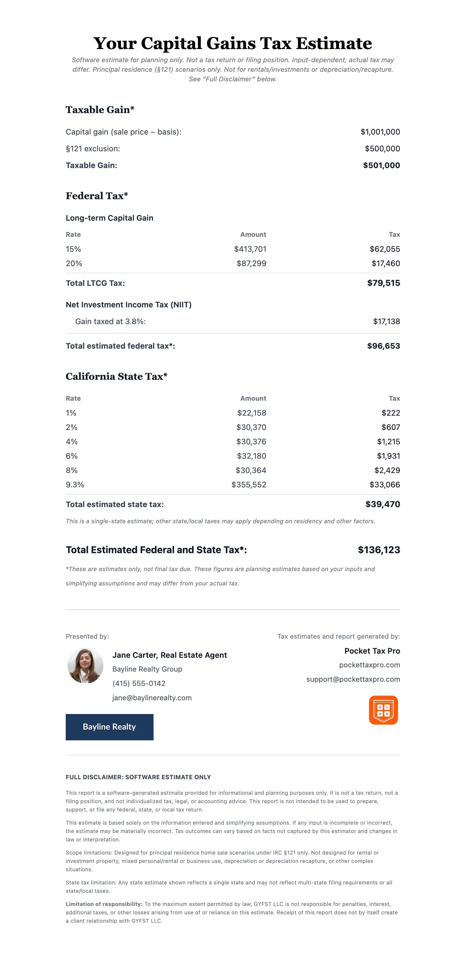 Sample capital gains tax estimate report showing the federal, state, and NIIT breakdown with branded footer
