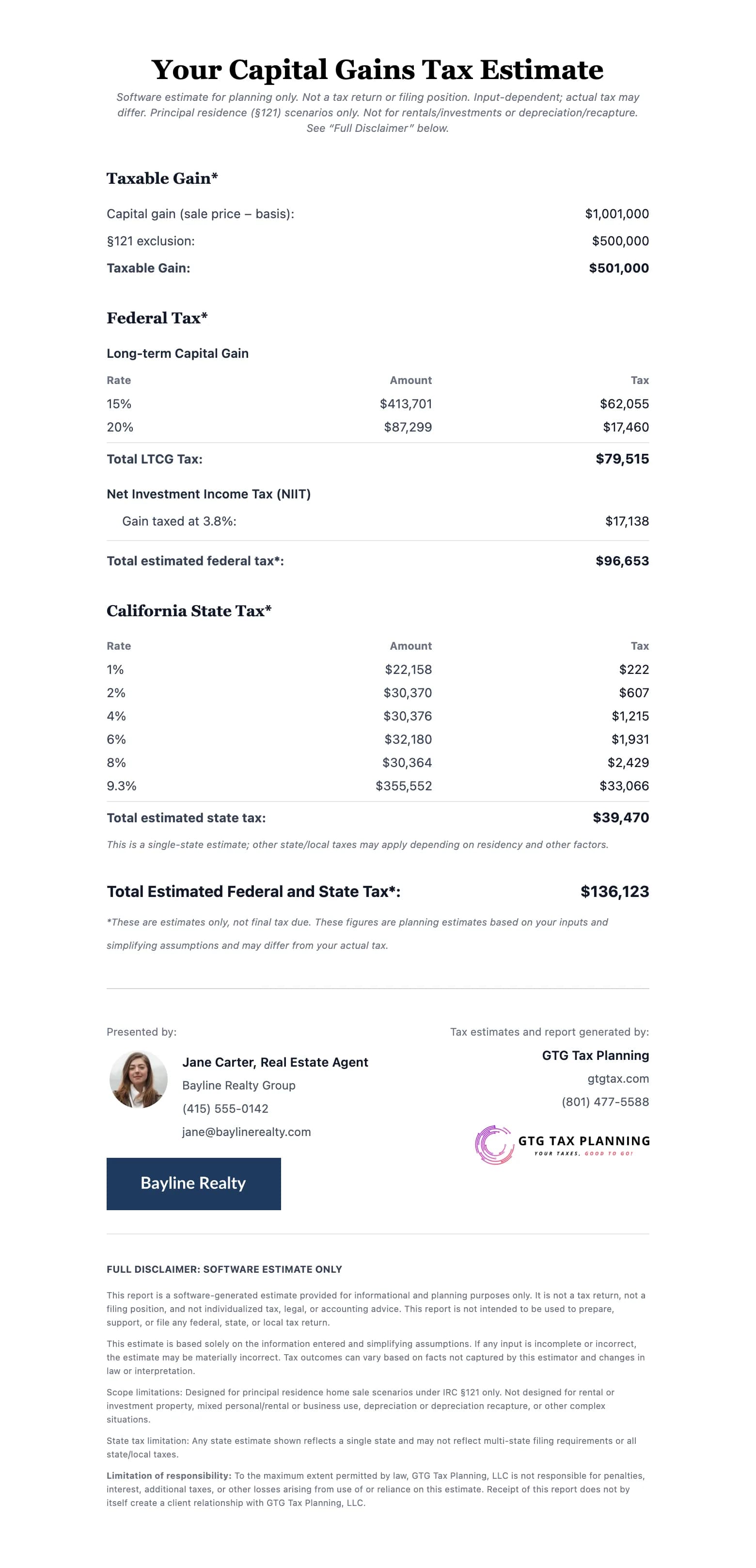 Sample capital gains tax estimate report showing the federal, state, and NIIT breakdown with branded footer