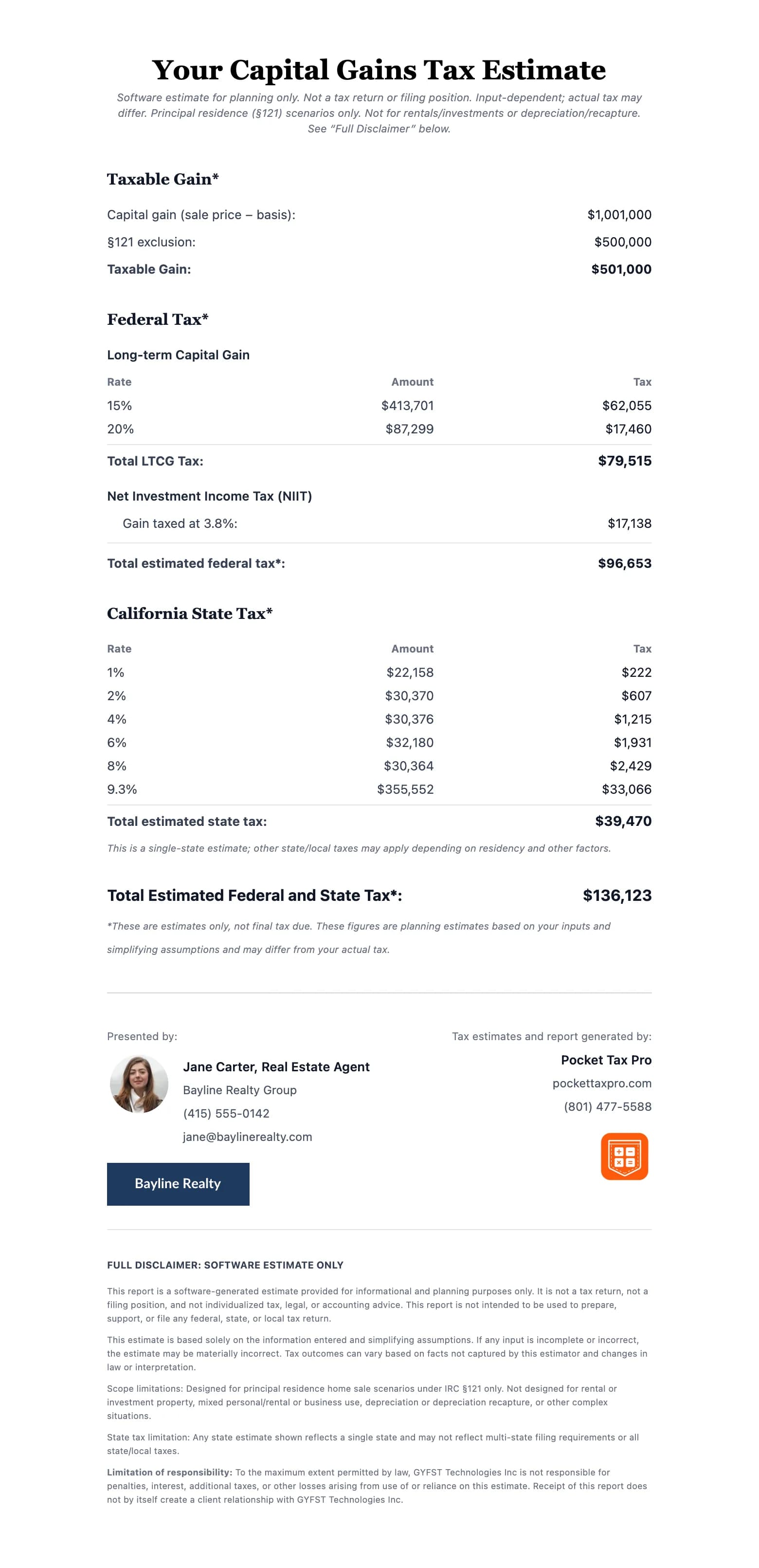 Sample capital gains tax estimate report showing the federal, state, and NIIT breakdown with branded footer